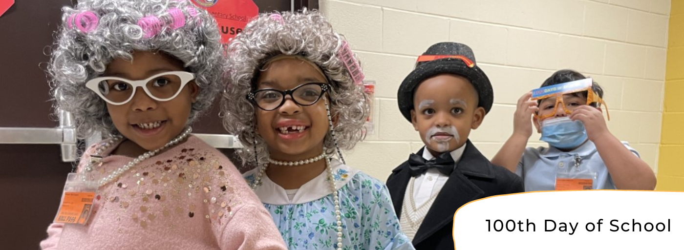 4 students dressed like grandparents on the 100th Day of School