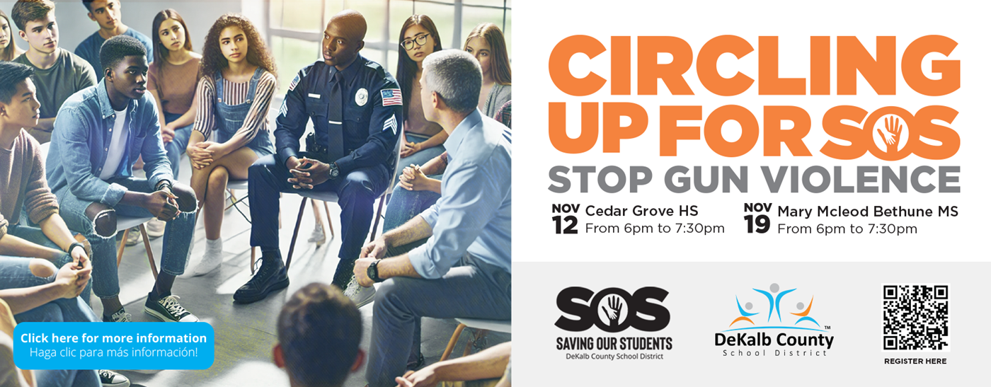 Circling Up for SOS: Stop Gun Violence - Group of people in a circle having a discussion with the text on the right side of the picture.