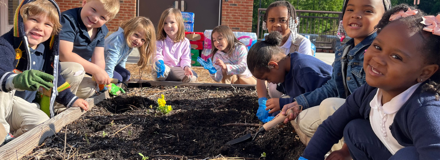 Multiple students around a garden bed outside.